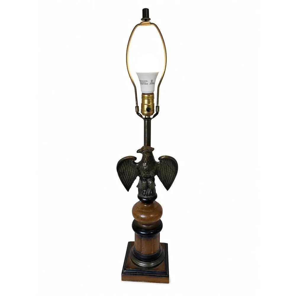Vintage Wood Brass Table Lamp Eagle Finial Federal Style Americana Burlap Shade